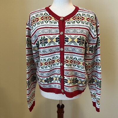 VTG Womens Button Up Cardigan Sweater Sz M Fair Isle Grandma Cottagecore Granny
