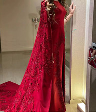 Elegant Red 3D Flowers Evening Gown Beads Appliques Long Train Prom Party Dress