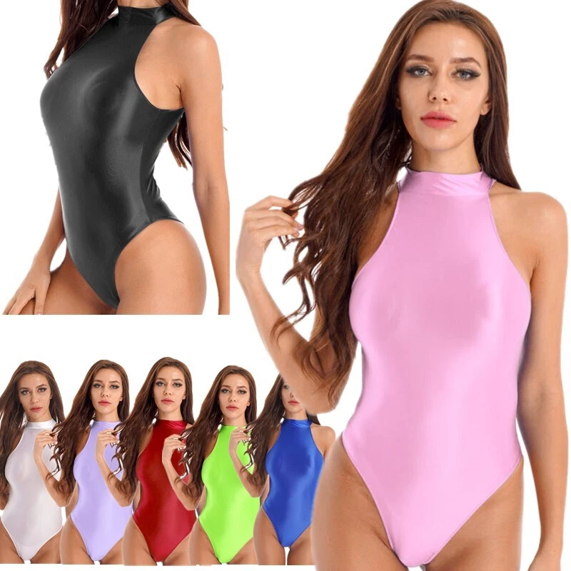 Women's Glossy High-Cut Thong Leotards Bodysuit One Piece Swimwear Bathing  Suit