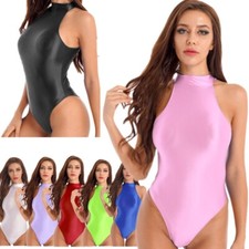 Women's Glossy High-Cut Thong Leotards Bodysuit One Piece Swimwear Bathing Suit