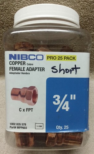Nibco ProPack 25 ~ 3/4" Copper Female Adapter C x FPT ~ Open Pack 24pcs Total