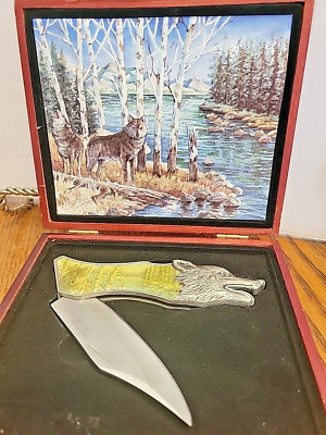 collectors Wolf Knife In Wooden Display Box Stainless Steel