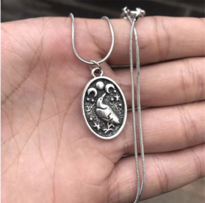 Triple Moon Raven Amulet Necklace Wiccan Pagan Moon Goddess Gothic Crow Necklace