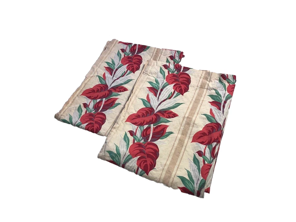 Vintage Pair Hibiscus Curtains Panels Drapes 88 in Long Red Beige Tan Floral 2 - Image 2 of 4