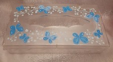 Vintage Wolff Tissue Box Holder Cover Clear Acrylic Plastic Blue Butterflies