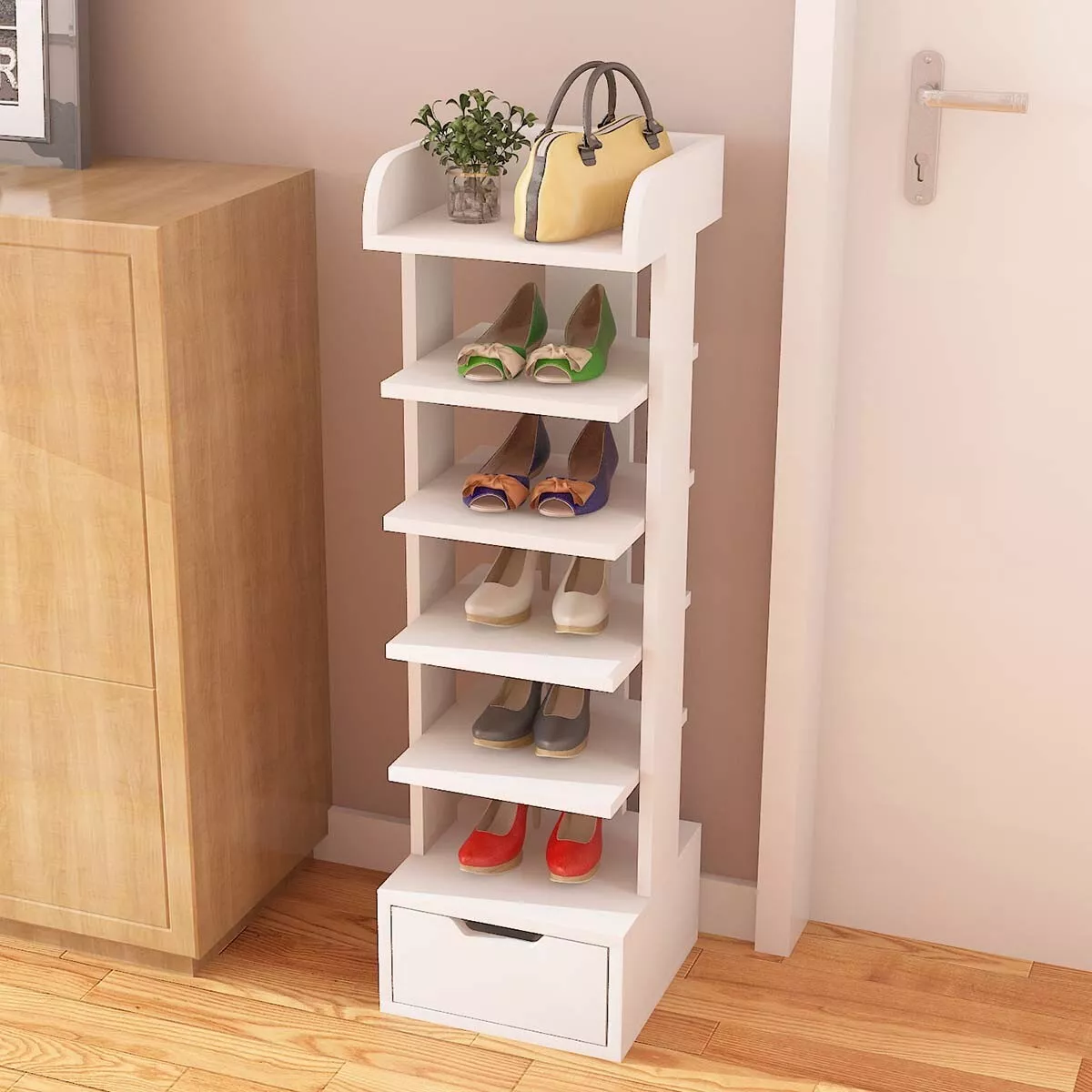 Shoe Rack,Vertical Shoe Rack,Entryway Wooden Shoes Racks, Modern Shoe Rack  Organizer, Space Saving Shoes Storage Dark brown