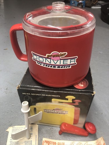 Vintage Donvier Premier Hand Crank 1 Pint Ice Cream Maker RED W/ Recipe Book - Picture 2 of 11
