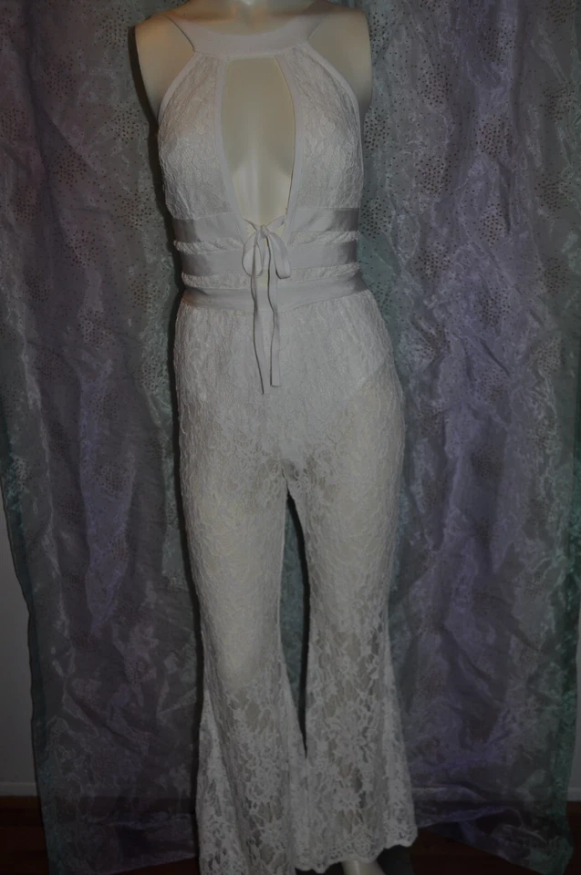 白色花卉蕾丝连身裤宽喇叭裤 L 码“旗帜”*阅读*原样 — 第 4/4 张图片