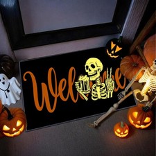 Glow-in-The-Dark Halloween Doormat Outdoor Indoor Black Linen Skeleton Welcom...
