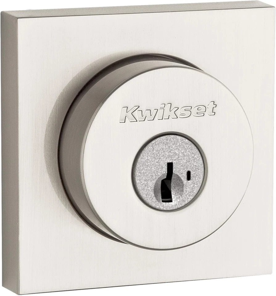 Cerradura Kwikset Halifax Deadbolt, exterior cuadrado de níquel satinado  Foto 2 de 3