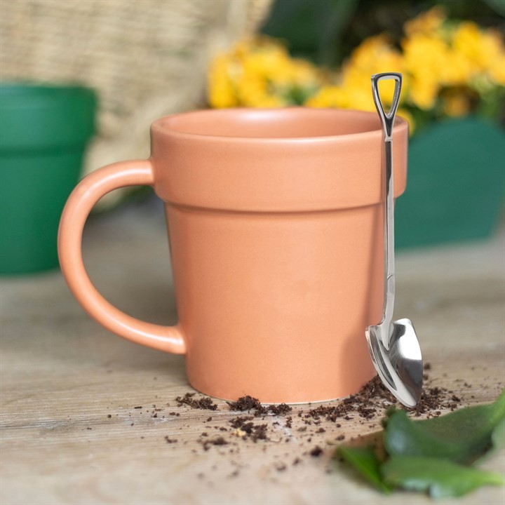 Plant Pot Ceramic Mug and Shovel Spoon Gift Set. Gift For Gardeners.
