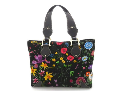 Gucci Floral Pattern Tote Bag 153024 Handbag Canvas Leather Black Ladies Used 47