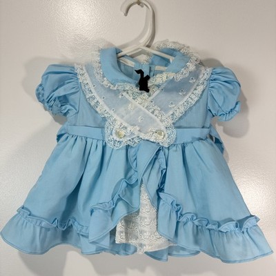 Vintage Baby Girl Blue Dress White Lace Ruffle Puff Sleeve Peter Pan Collar Bow