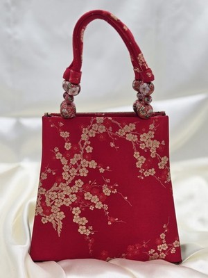 Vintage Franchi Silk Floral Handbag With Cloisonne Beads Red Yellow Black