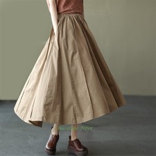 Women Retro A Line Skirt Loose High Elastic Waist Long Pleated Skirt Casual
