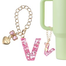 Letter Charm for Stanley Tumbler Cup, Bow Heart Initial V Letter Charm, Pink