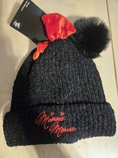 Disney Minnie Mouse Beanie Winter Hat Unisex Red Bow Puffy Pom Ear Cute Black