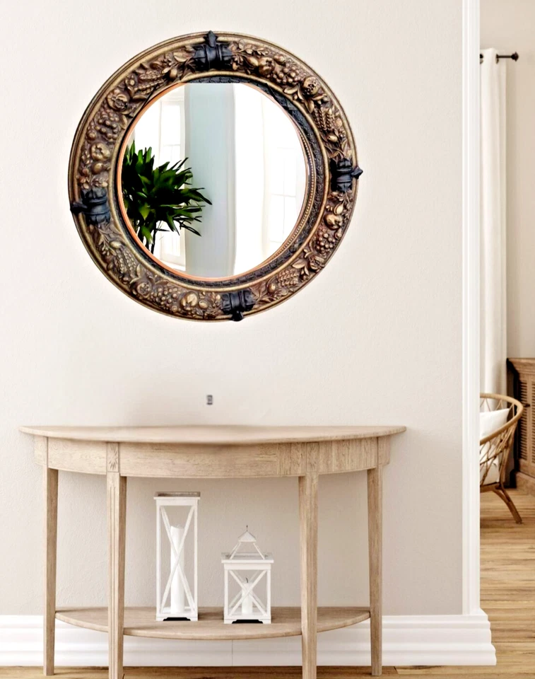 Espejo de Pared Decorativo Grande 31" Redondo Vintage Dorado Marco Rústico Decoración Granja Foto 3 de 4