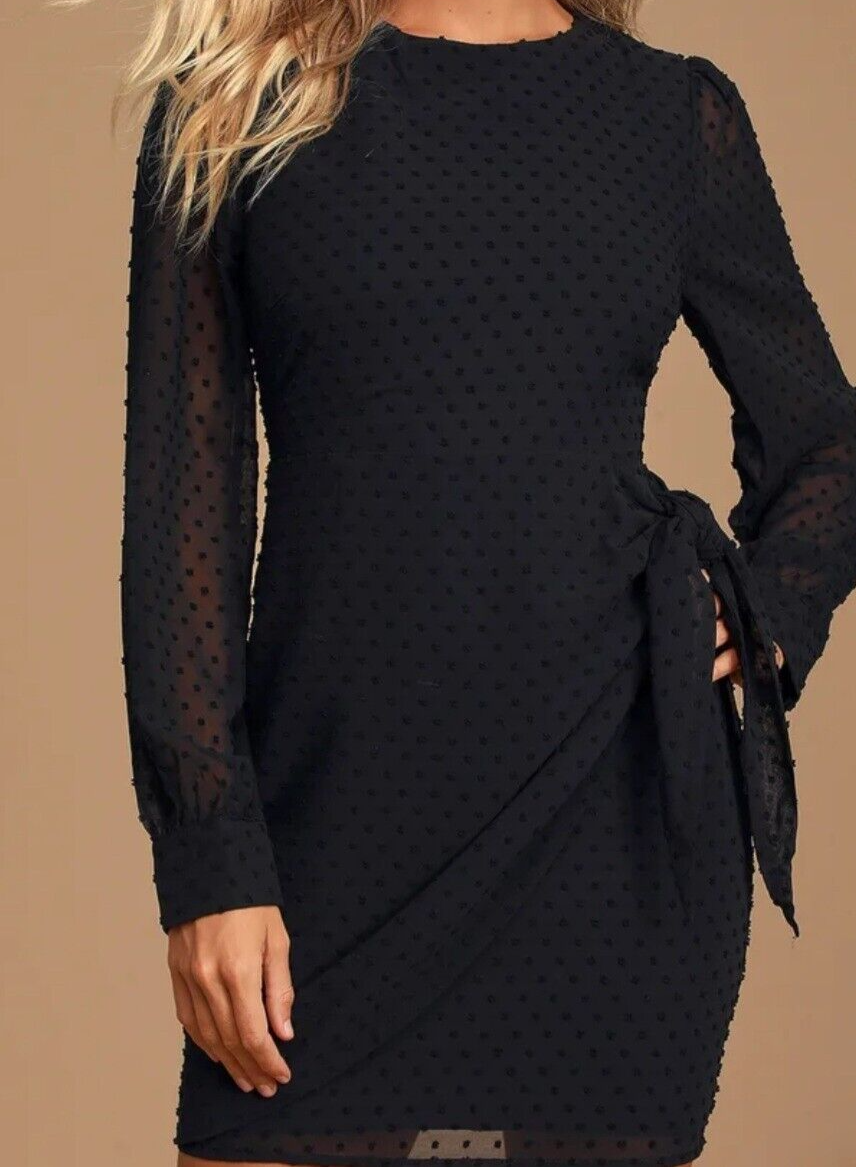 LULUS Much Love Black Swiss Dot Long Sleeve Tie Front Mini Dress Size SMALL*NWOT