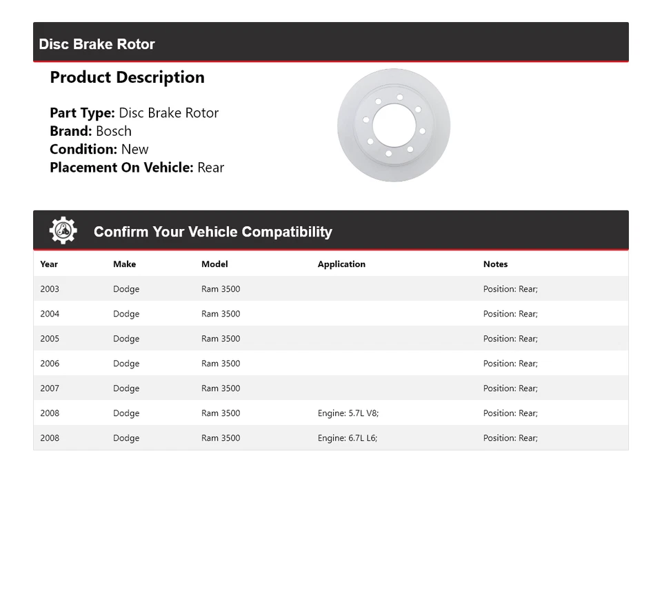 Задний тихий литой дисковый тормоз ротор для Dodge Ram 3500 Bosch 2003-2008 годов выпуска 2004 2005 годов выпуска - Изображение 2 из 4