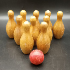 Vintage Wooden Tabletop Mini Bowling 10 Ten Pin Set 1 Ball