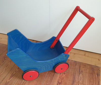 Puppenwagen aus Holz, blau-rot, guter Zustand