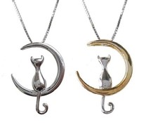 CAT MOON 7/8" Charm Necklace with 20" Adjustable Chain Silver or Gold colored