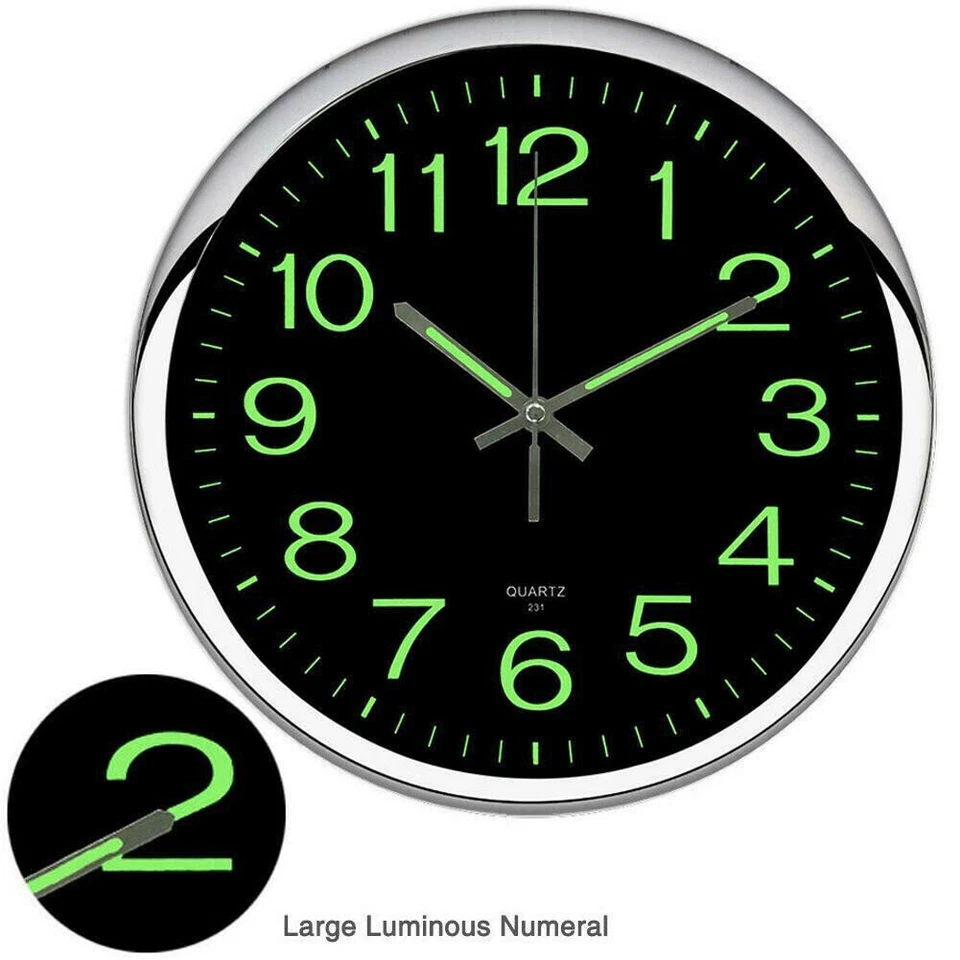 Large 12 inch Modern Battery Wall Clock Luminous Glow Night Light Quartz Silent - Image 2 of 4