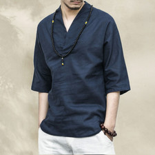 Men Chinese Retro Cotton Linen Tee Shirt Hanfu Top 3/4 Sleeve Kung Fu Blouse Bar