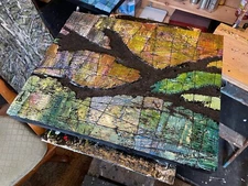 Abstract Original Painting “Drunnelli” 16”x20”) Beehive and Oak frame