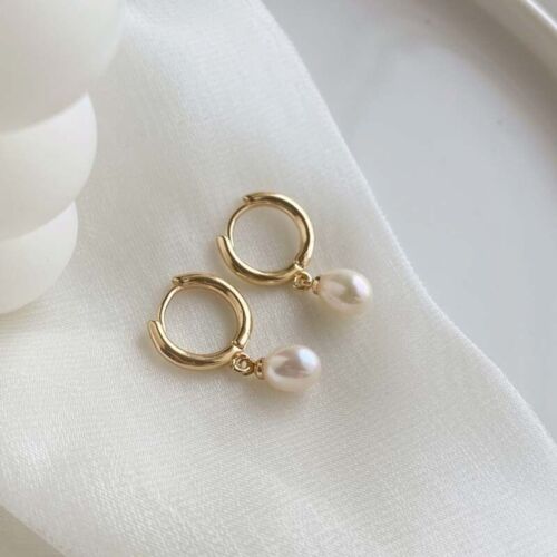 Boucles d'oreilles femme plaqué or 18 carats perle clip cerceau huggie goutte angle - Photo 1 sur 5