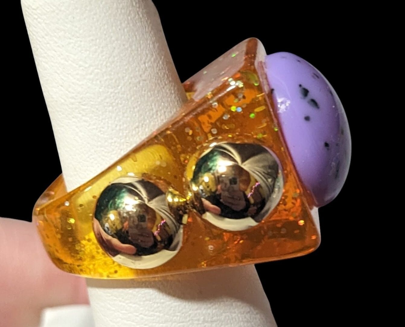 Chunky Translucent Orange Glitter Ring With Gold … - image 3