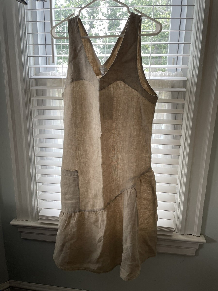 garnet hill linen trapeze dress Garnet Hill Linen Trapeze Dress Drop Waist Ruffle Hem Lagenlook Natural Tan 10
