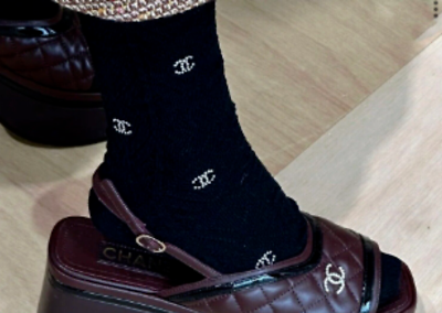 CHANEL Crystal CC Logo Black Runway Socks 23A Medium Hosiery NWT