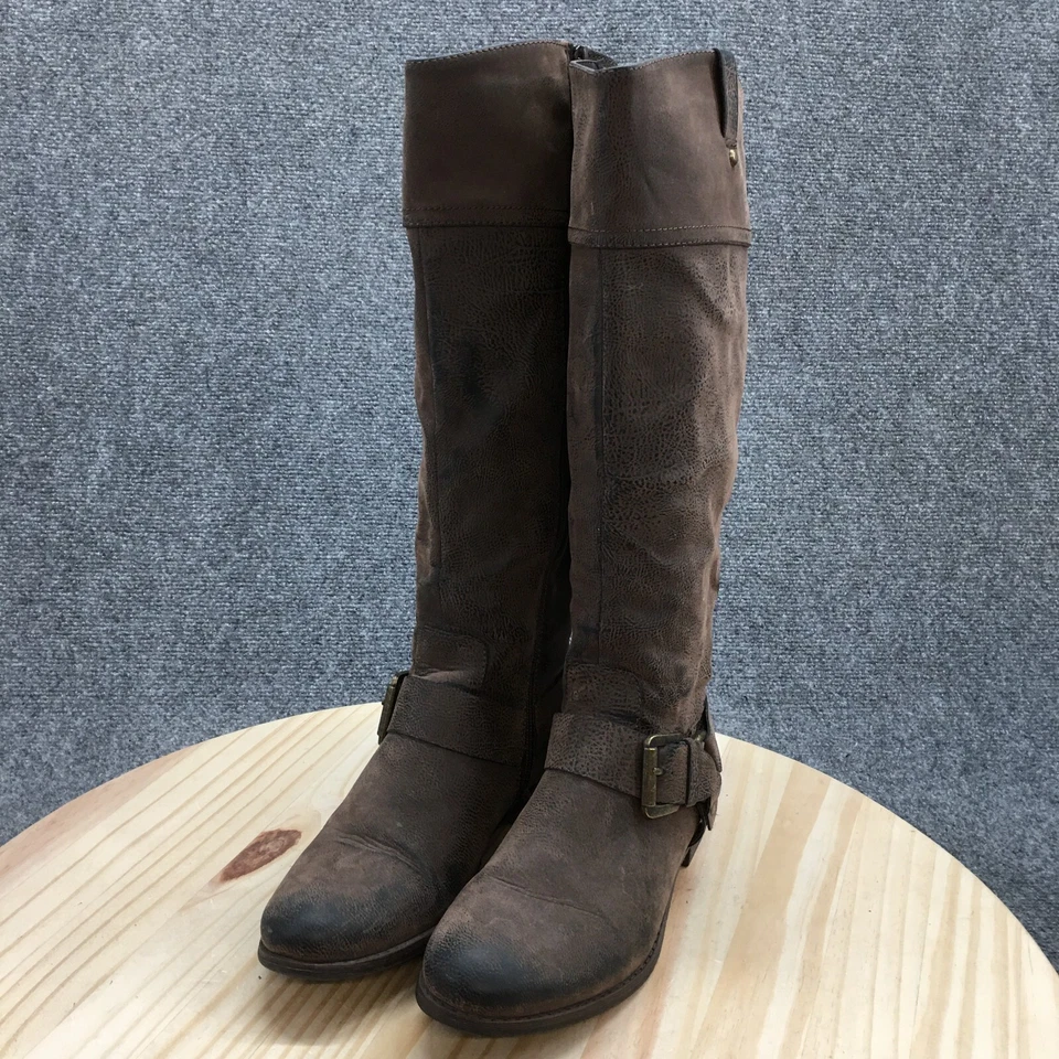 Botas talladas con volantes para mujer 10 M violeta altas cremallera lateral botas de montar marrón imitación cuero Foto 3 de 4