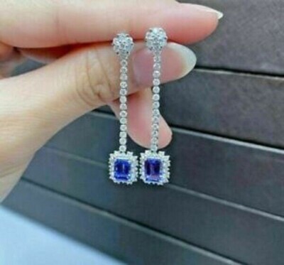4 Ct Emerald Simulated Tanzanite Halo Drop/Dangle Earrings 14K White Gold Plated