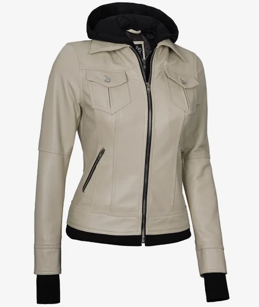 OFF WHITE Bomber donna stand colletto off bianco pelle stile biker giacca cappuccio rimovibile