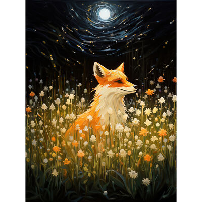 Watching the Fireflies Dance Happy Fox Wildflower Meadow Canvas Poster Print Art