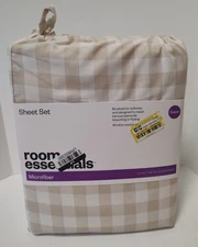 Room Essentials Microfiber Sheet Set Khaki Gingham Queen Brushed for Softness
