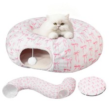 Pink Bow Cat Tunnel Bed for Indoor Cats Cute Fluffy Plush Peekaboo Cats Cave ...