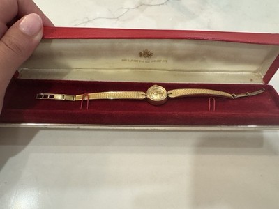 Bucherer Vintage Women s Manual Mechanical Gold Dial Watch Gold Bracelet w/ Box
