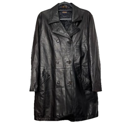 Coach Leder Schwarz Trenchcoat 90er Vintage Jacke Made In USA Zweireiher L