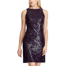 Ralph Lauren Purple Cocktail Party Dress Floral Sequin Sleeveless Sheath Size 10