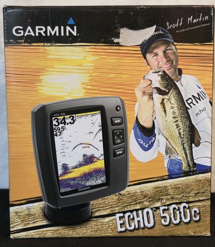 GARMIN ECHO 500C FISH FINDER COMPLETE W/ TRANSDUCER/MOUNT/BOX/MANUALS  *TESTED*
