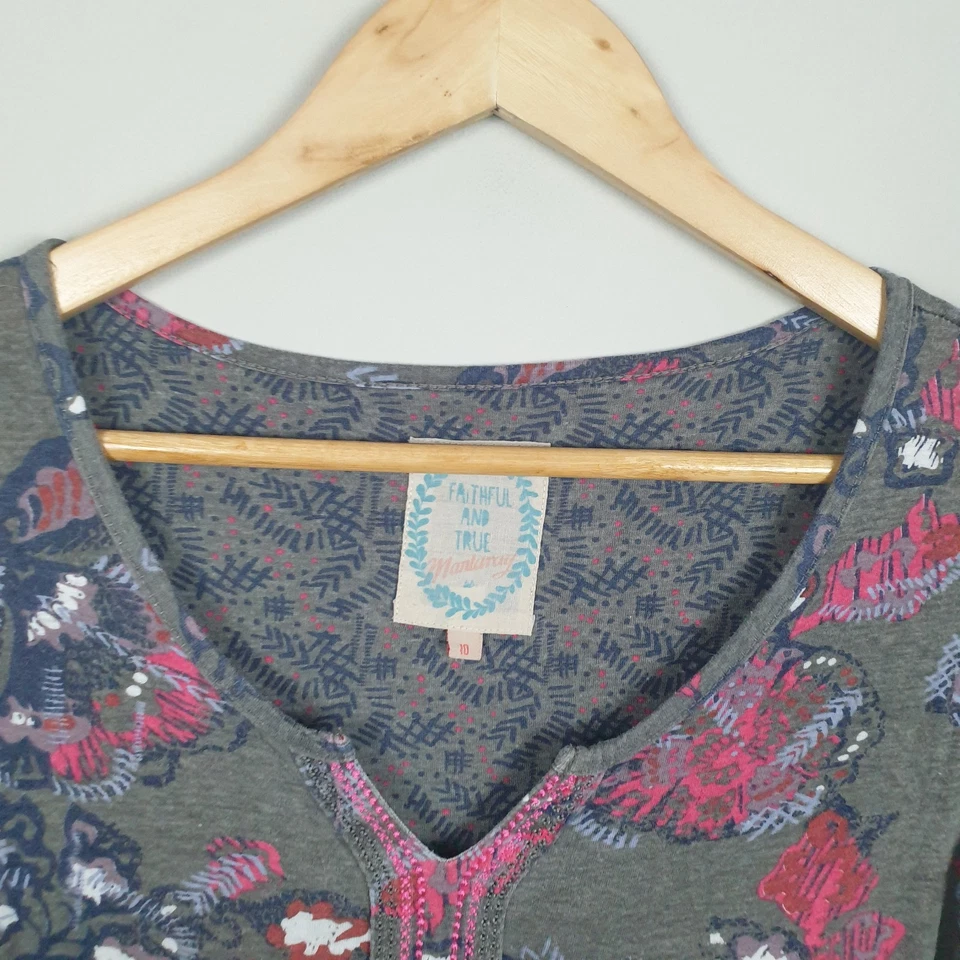 Mantaray Top Womens UK 10 Green Floral Print Jersey 3/4 Sleeve Boho - Image 2 of 4