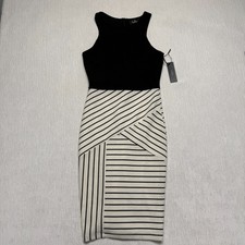 Lulus Fitted Midi Dress Medium Black White Stripes Lined Office Siren Party Date