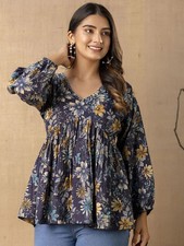 Indian Women Blue  Yellow Floral Printed Cotton Kurta Kurti Peplum Tunic Top
