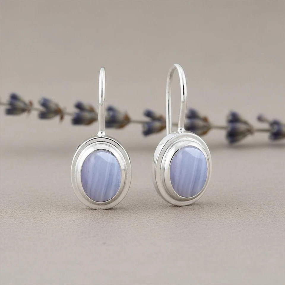 Серьги-гвоздики из серебра 925 пробы с синим кружевом и агатом ручной работы - Изображение 4 из 4