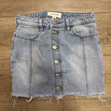 PacSun Y2K Denim Mini Skirt Button Front Raw Hem Low Rise Light Wash Womens 24