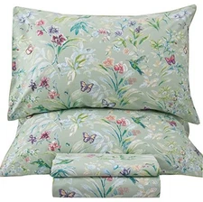  Floral Size Sheet Sets - Flower Bird Butterfly Print Botanical Full Green